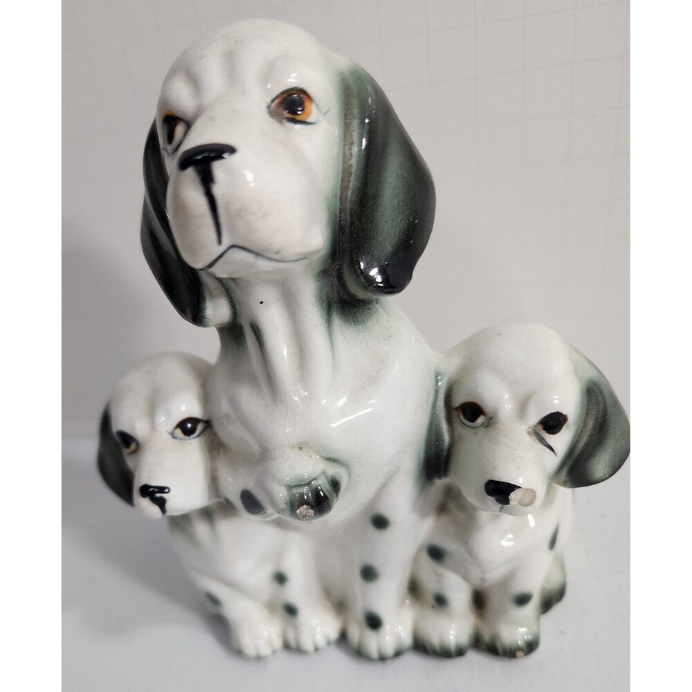 Retro Porcelain Dalmation Dog Club Bank Mother 2 Puppies Mid Century Kitsch